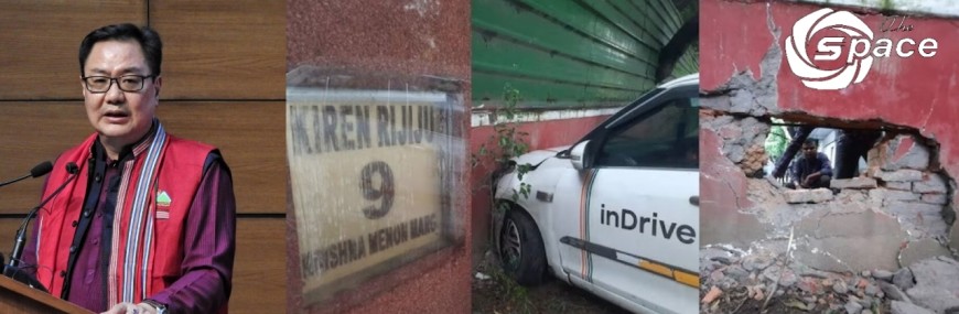 Cab rams into wall of Union Minister Kiren Rijiju's Delhi residence leaving a big hole in the wall. 
